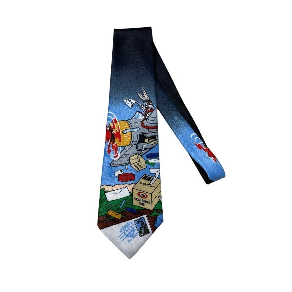 Vintage 1997 Bugs Bunny Mens Tie Stamps Airplane Warner Brothers Looney Tunes